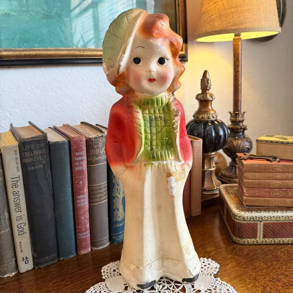 1930s Large Chalkware Carnival Prize Young girl with hat statue